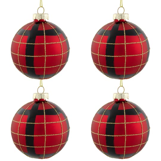 4ct. 3" Red, Black & Gold Plaid Glass Ball Ornaments
